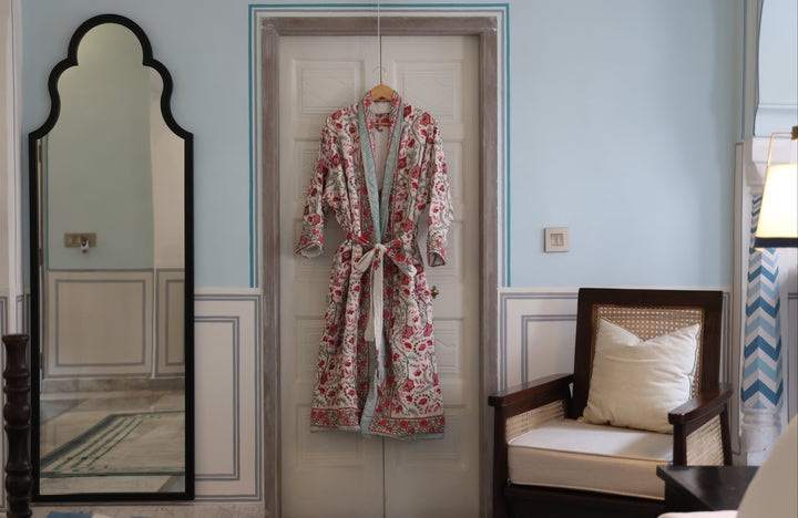 Red , green and white floral quilted dressing gown robe