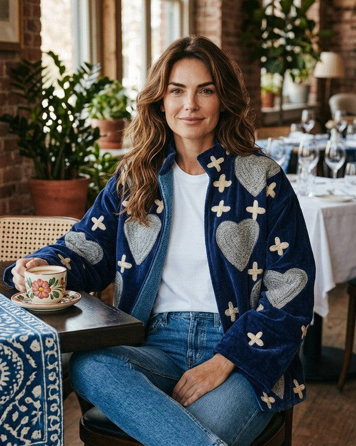 Navy Blue & Grey - Embroidered Heart Patterned Jacket