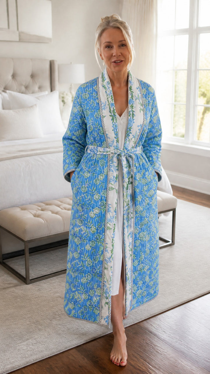 Shimla block-print, quilted reversible dressing gown