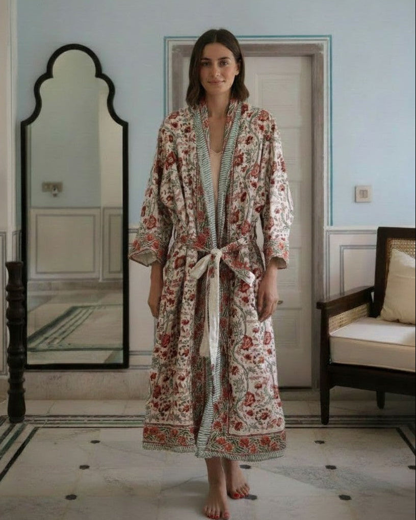 Bikaneer block-print, quilted reversible dressing gown