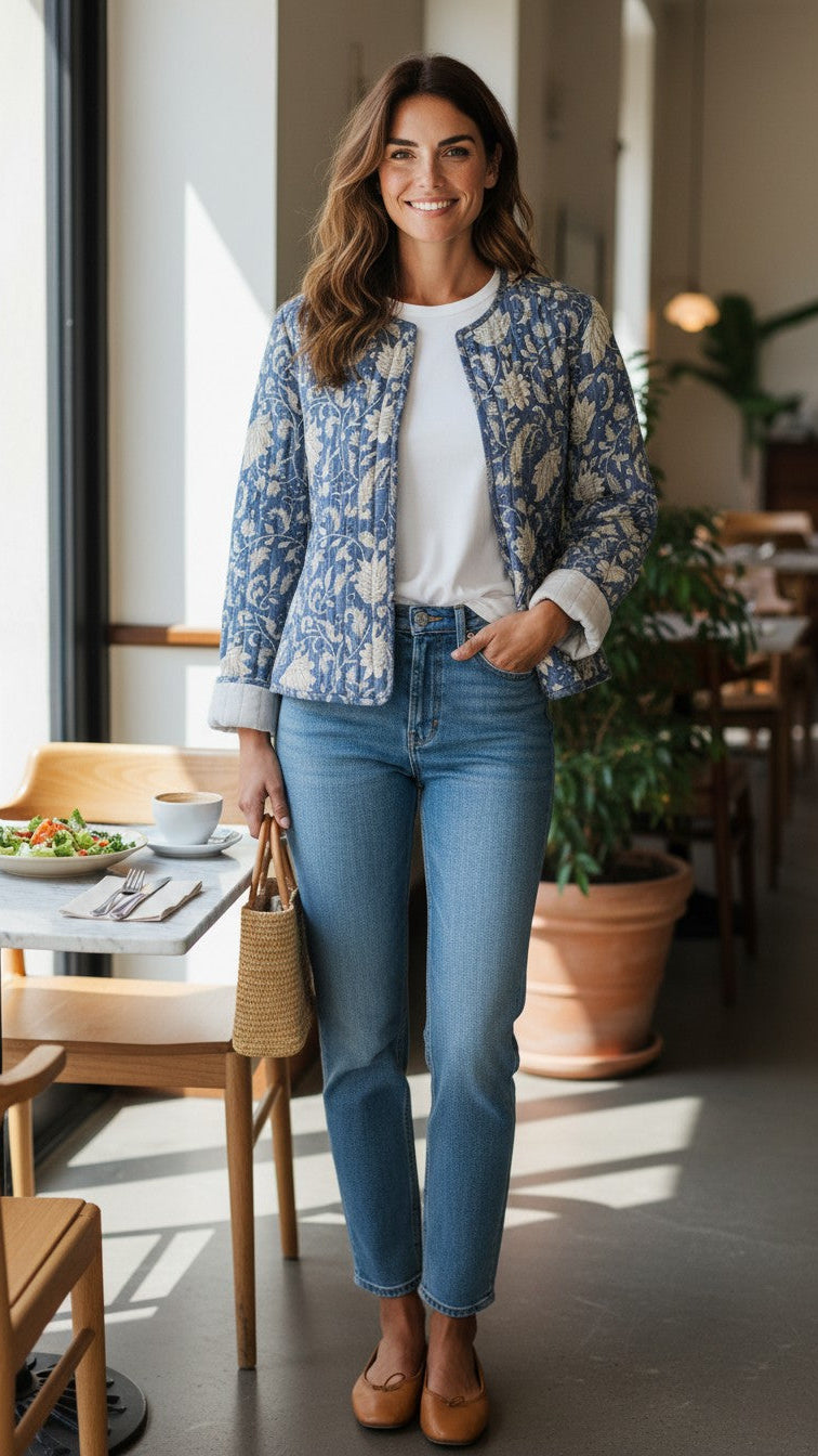 Blue & white block print cropped jacket