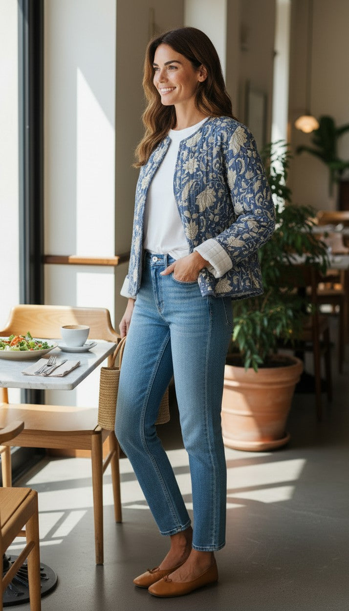 Blue & white block print cropped jacket