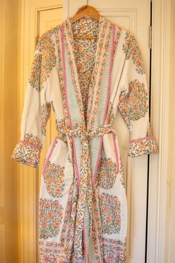 Camilla block-print, quilted reversible dressing gown