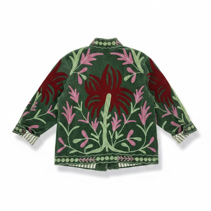Green and red suzani jacket with floral patterns on a white background