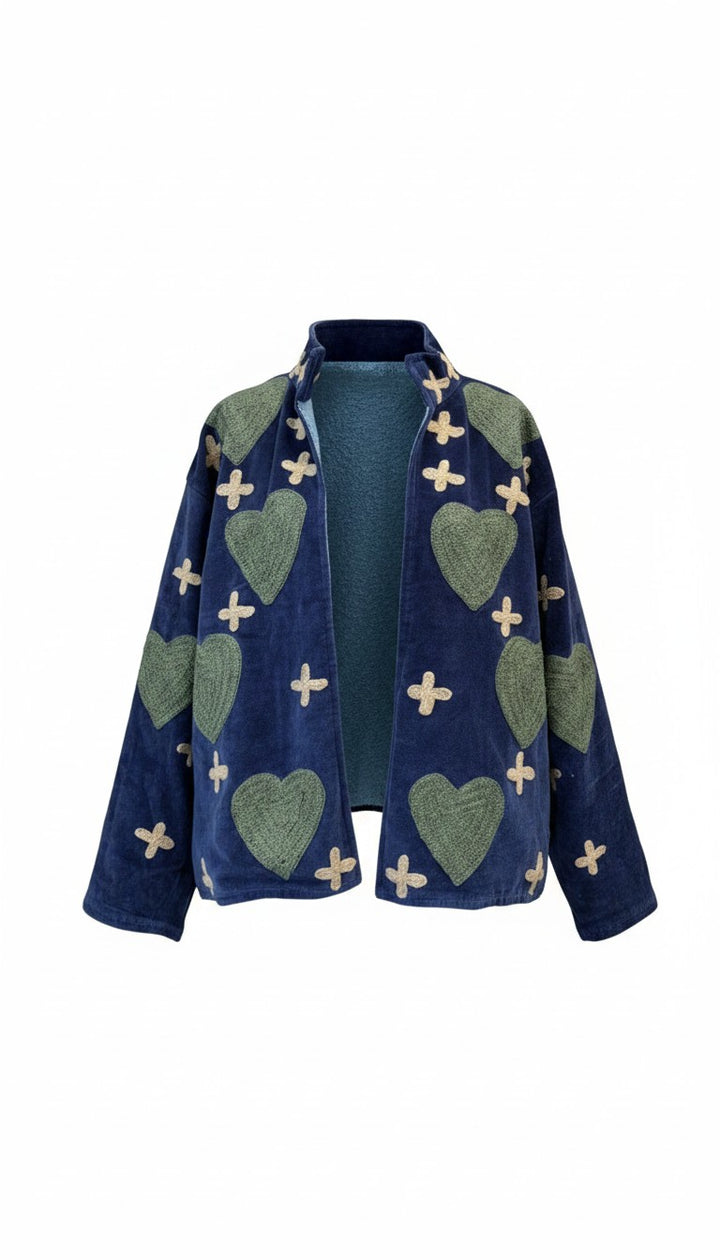 Navy Blue & Green - Embroidered Heart Patterned Jacket