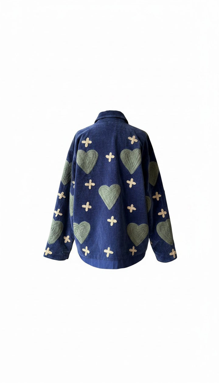 Navy Blue & Green - Embroidered Heart Patterned Jacket