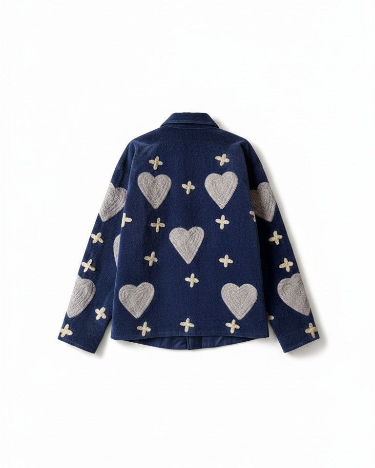 Navy Blue & Grey - Embroidered Heart Patterned Jacket