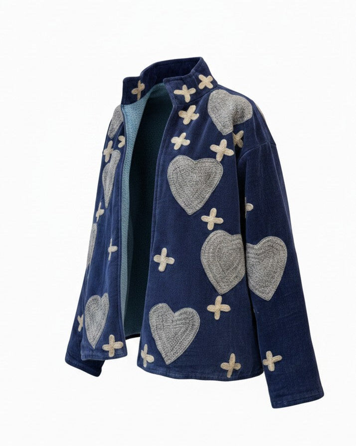 Navy Blue & Grey - Embroidered Heart Patterned Jacket