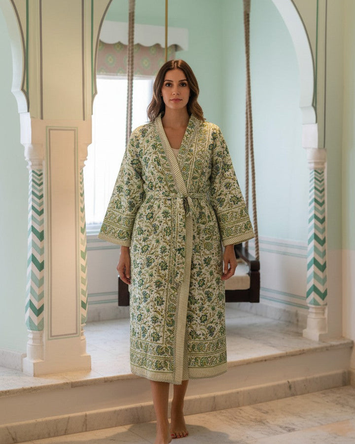 Pushkar block-print, quilted reversible dressing gown