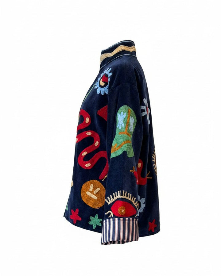 Navy Blue - Embroidered Moonscape Patterned Jacket