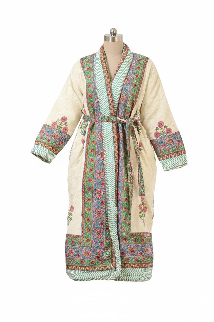 Kashmir block-print, quilted reversible dressing gown