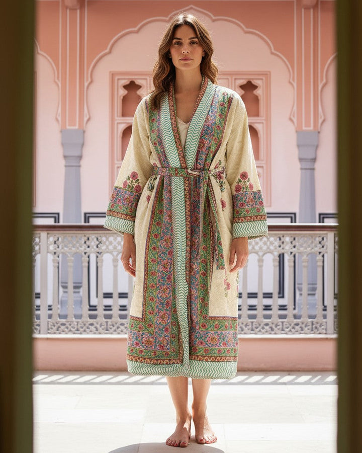 Kashmir block-print, quilted reversible dressing gown