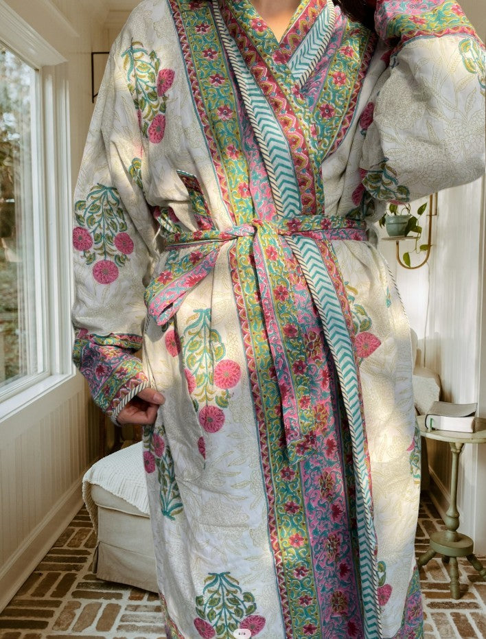 Kashmir block-print, quilted reversible dressing gown