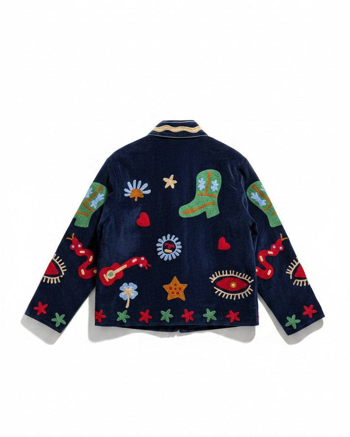 Navy Blue - Embroidered Moonscape Patterned Jacket