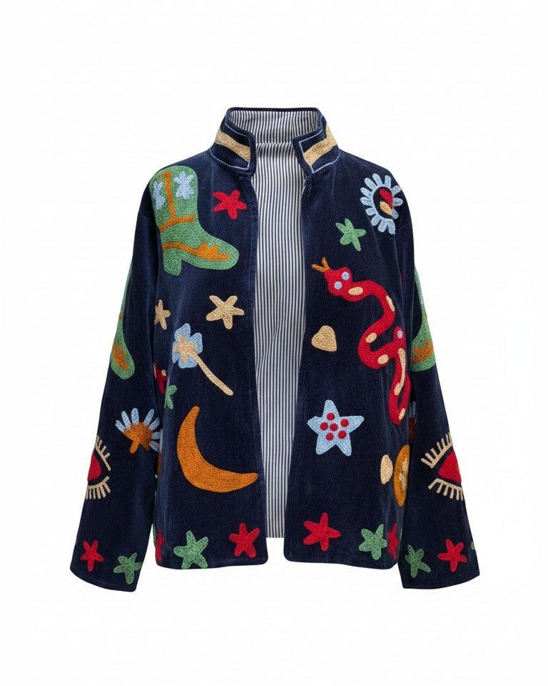 Navy Blue - Embroidered Moonscape Patterned Jacket