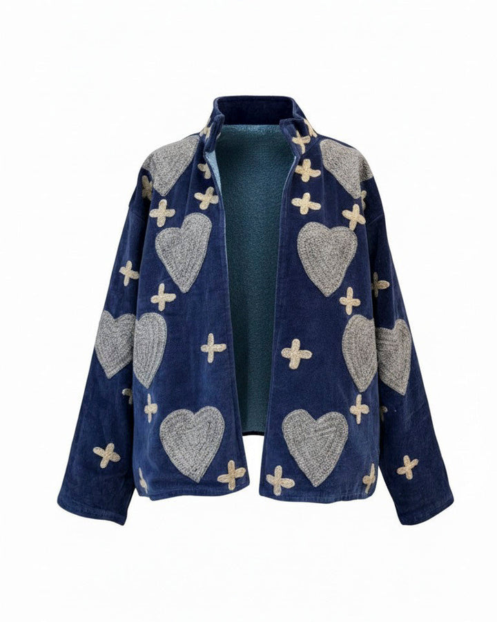 Navy Blue & Grey - Embroidered Heart Patterned Jacket