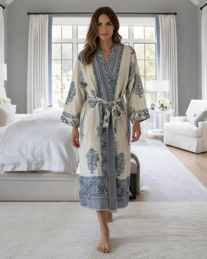 Palladio block-print, quilted reversible dressing gown