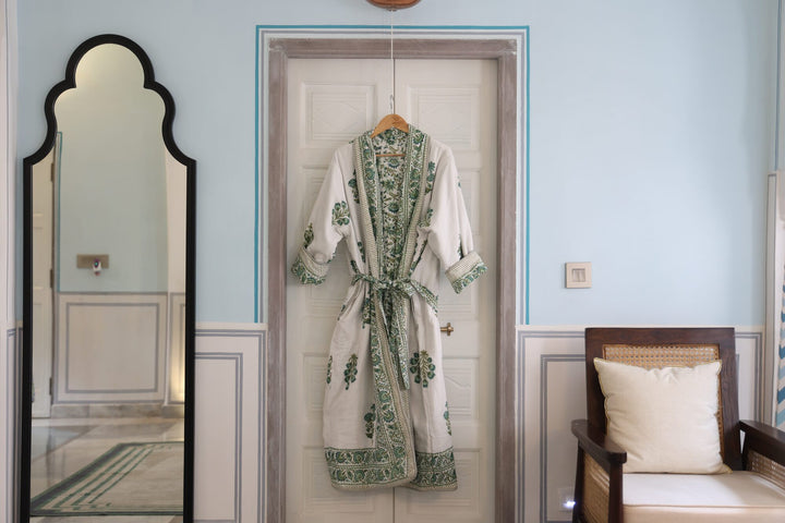 Pushkar block-print, quilted reversible dressing gown