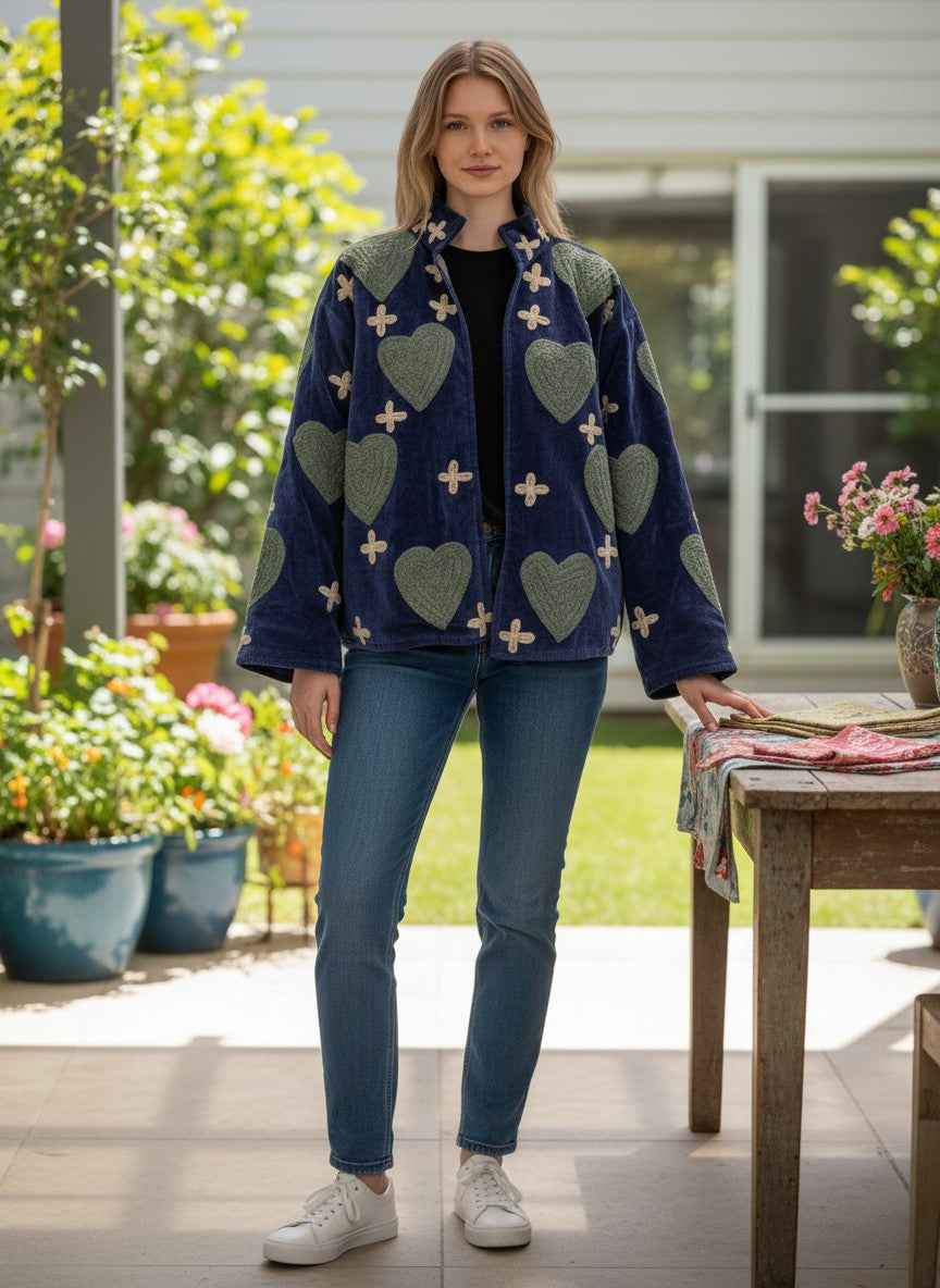 Navy Blue & Green - Embroidered Heart Patterned Jacket