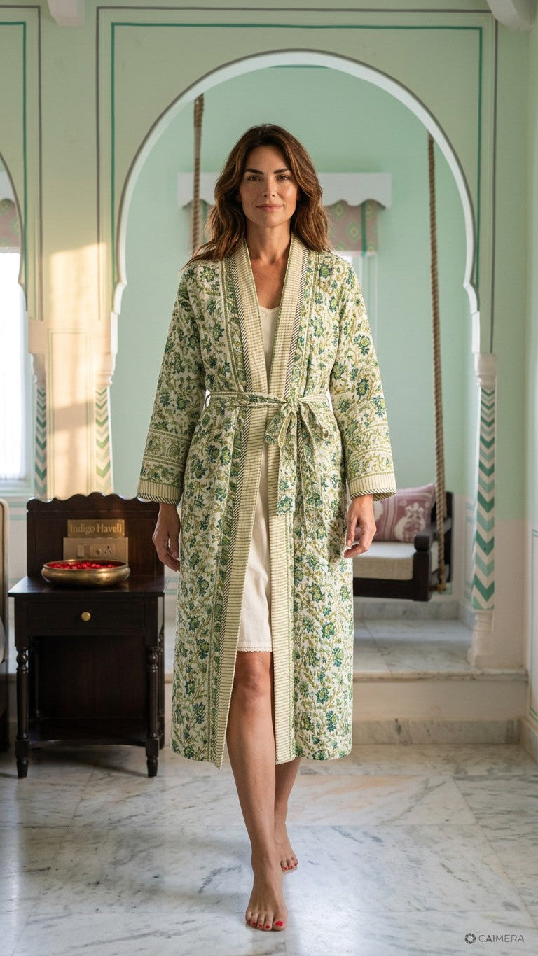 Pushkar block-print, quilted reversible dressing gown