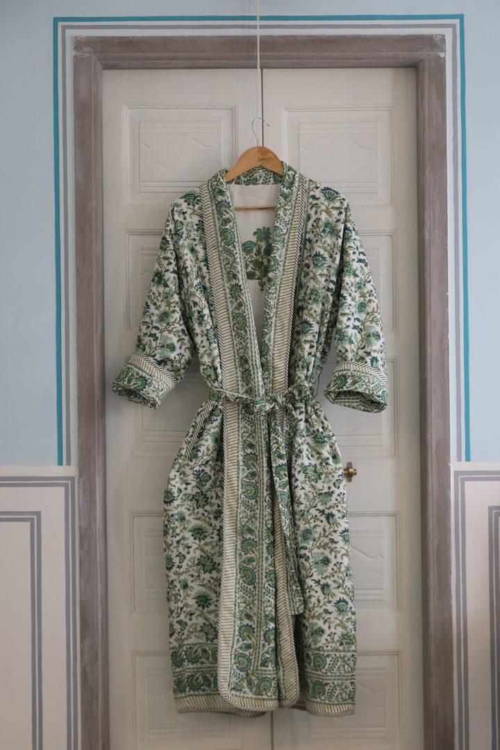 Pushkar block-print, quilted reversible dressing gown