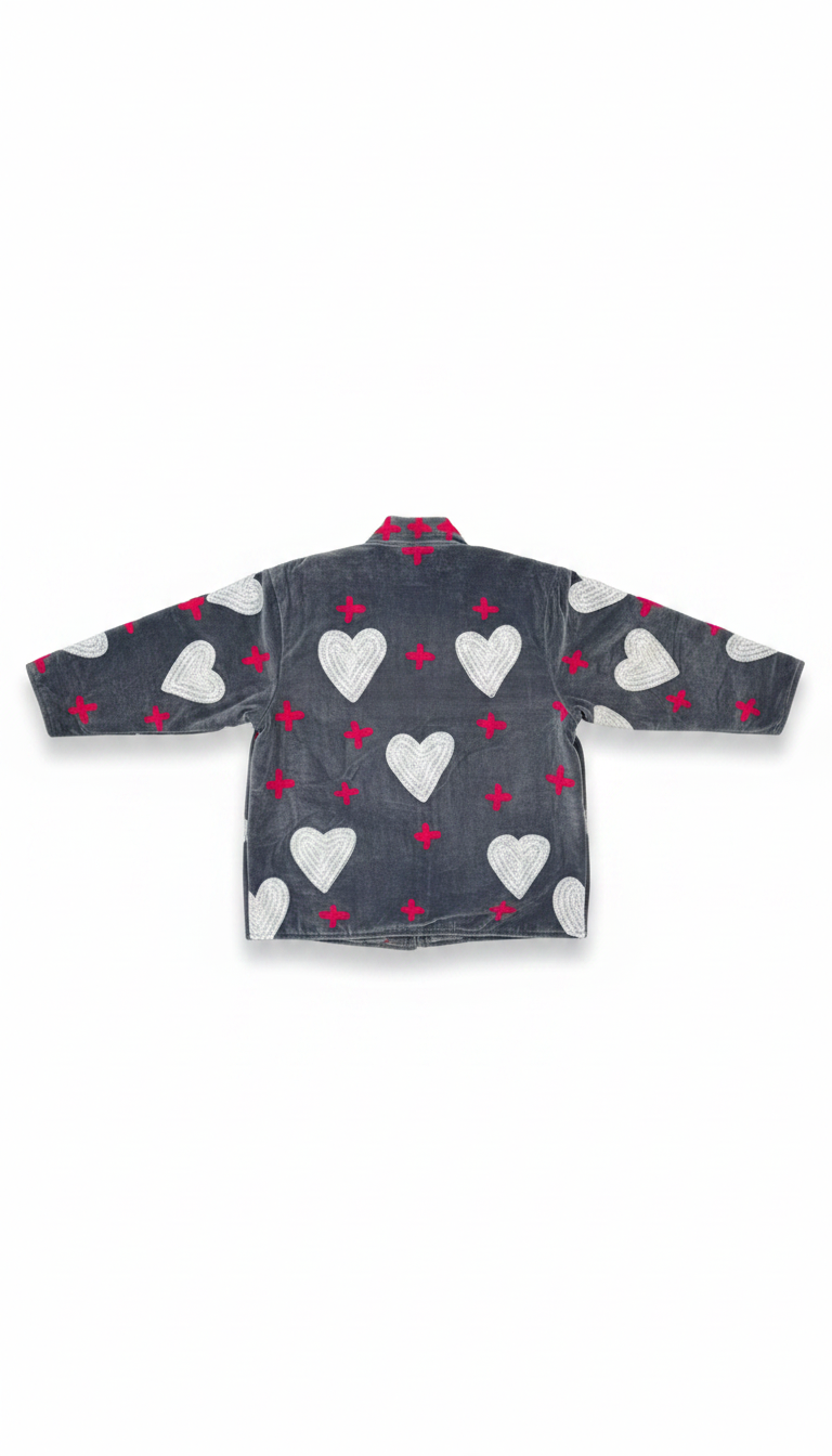 Grey, White & Pink - Embroidered Heart Patterned Jacket