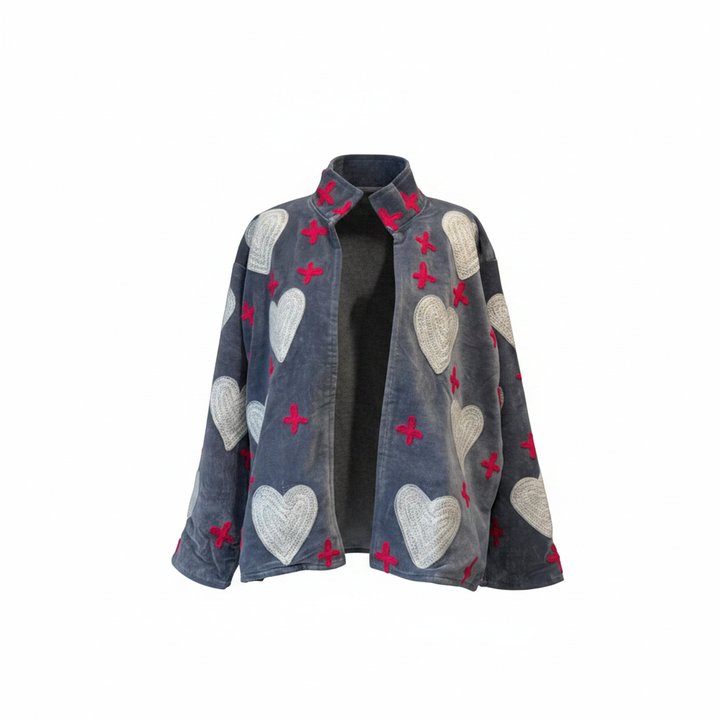 Grey, White & Pink - Embroidered Heart Patterned Jacket
