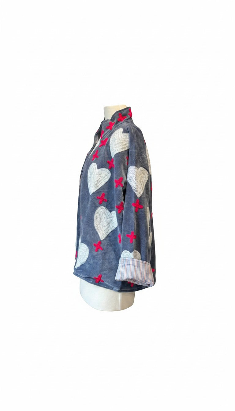Indigo Haveli grey jacket with embroidered white hearts and pink crosses. Cotton blend with functional pockets.