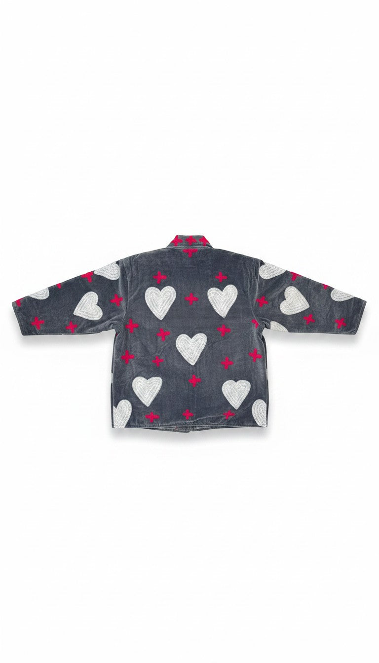 Indigo Haveli grey jacket with embroidered white hearts and pink crosses. Cotton blend with functional pockets.