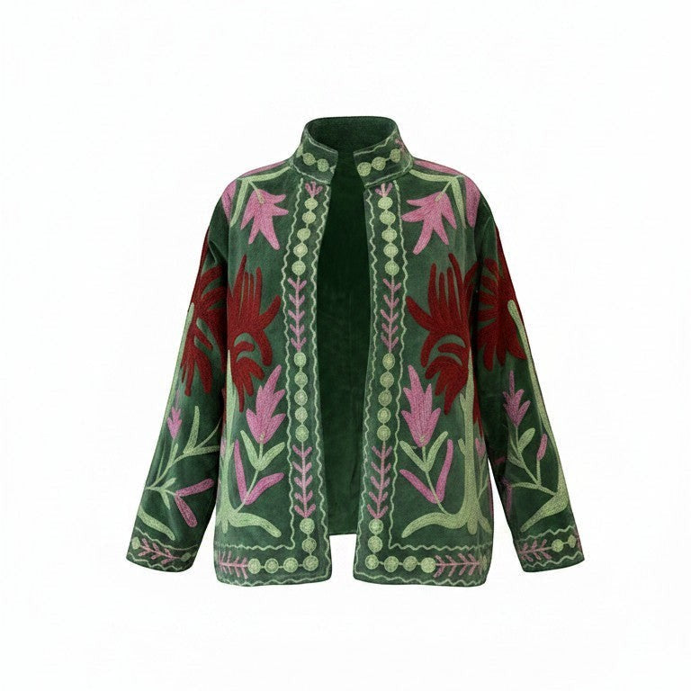 Indigo Haveli green jacket with red and pink floral Suzani embroidery, featuring a stand collar and pockets.