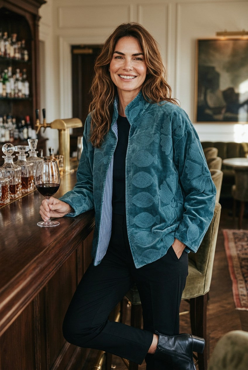 Indigo Haveli teal velvet jacket with tonal floral embroidery and pinstriped lining worn by a woman in a bar.
