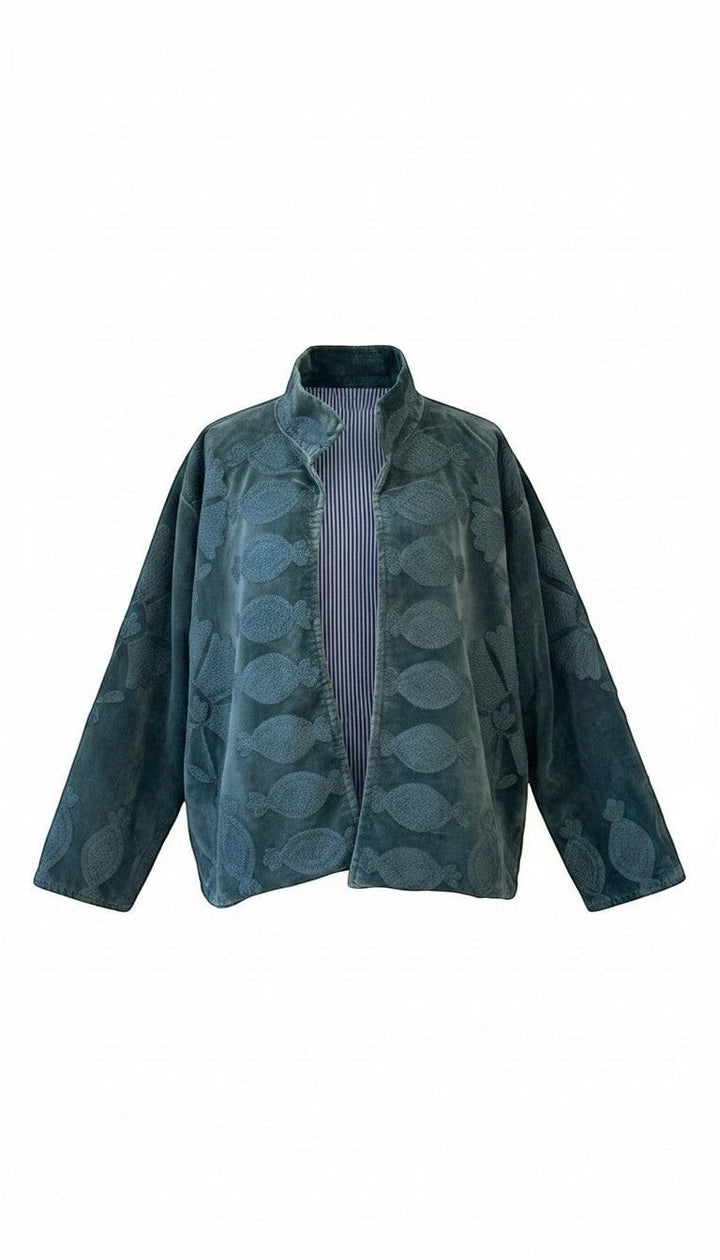Indigo Haveli dark teal velvet jacket with tonal floral embroidery and a pinstriped interior lining.