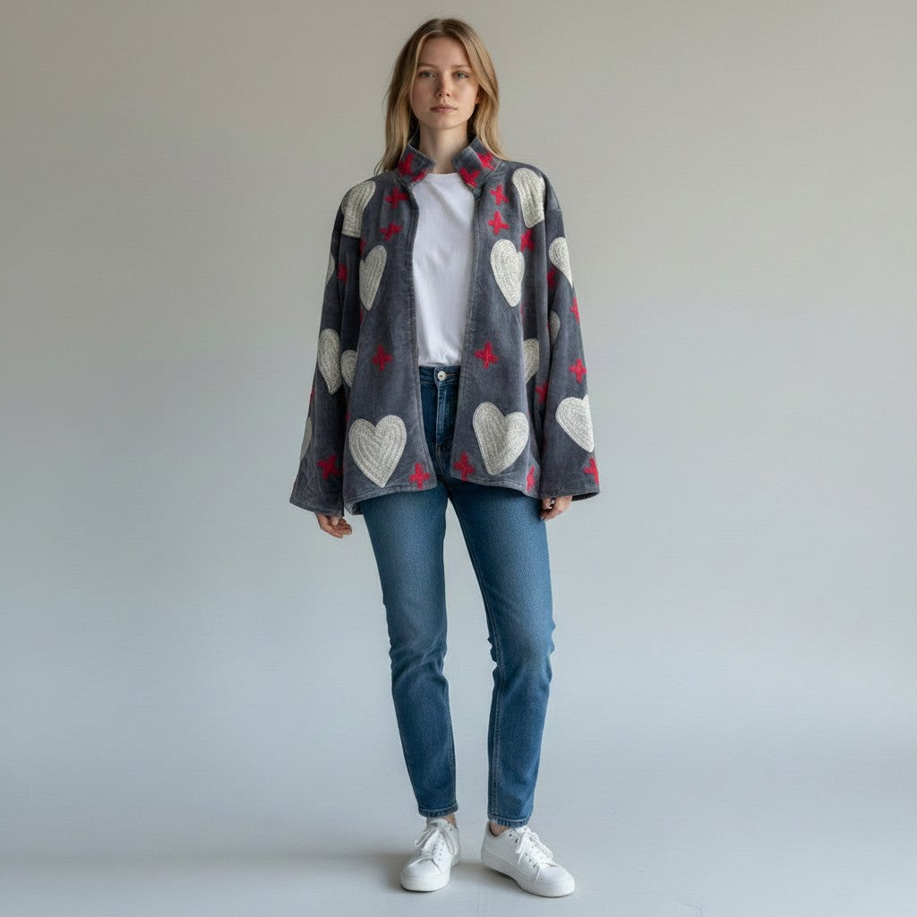 Indigo Haveli grey jacket with white embroidered hearts and pink crosses, cotton blend, pockets, open front.