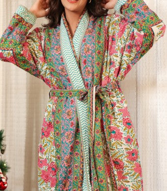 Kashmir block-print, quilted reversible dressing gown
