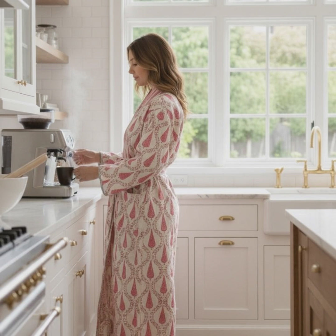 Sarv block-print, quilted reversible dressing gown