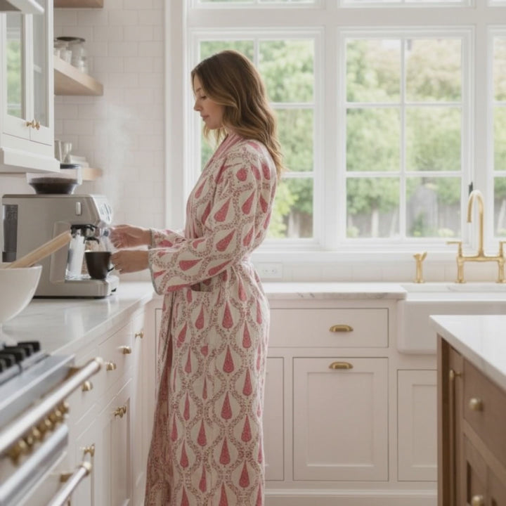 Sarv block-print, quilted reversible dressing gown