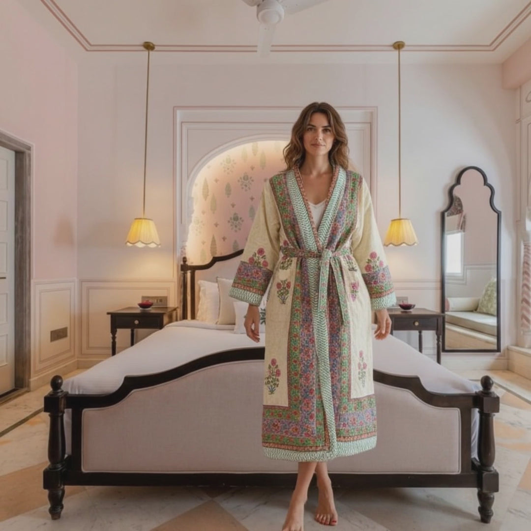 Kashmir block-print, quilted reversible dressing gown