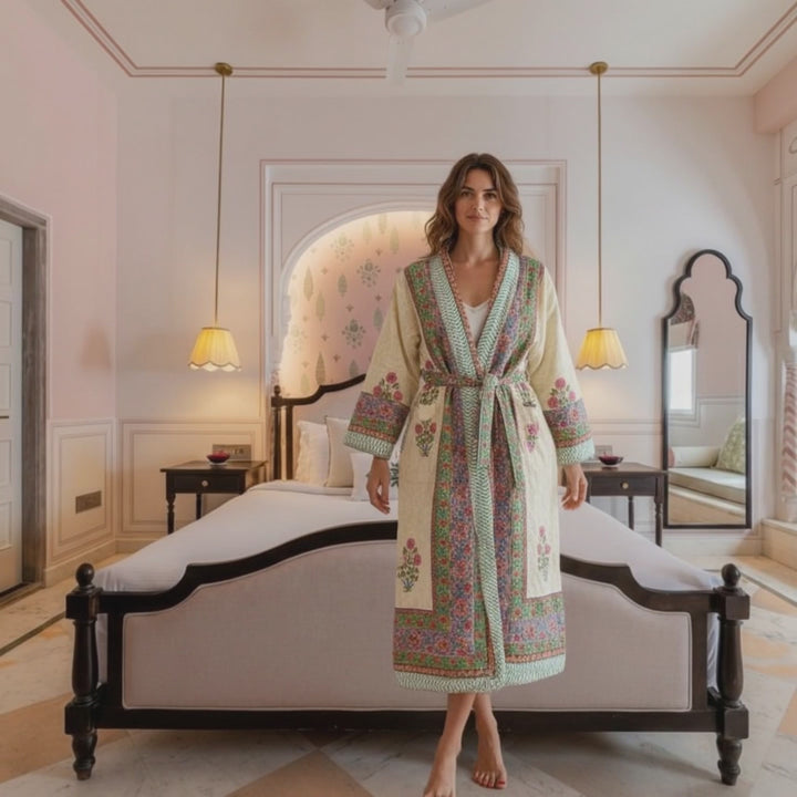 Kashmir block-print, quilted reversible dressing gown